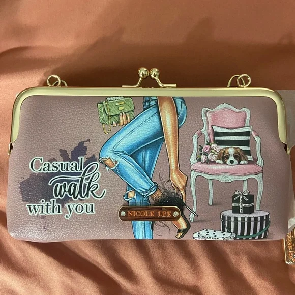 NWOT Nicole Lee Casual Walk Printed Kiss-lock Wallet & Card Holder-Pink and Blue - Picture 4 of 5